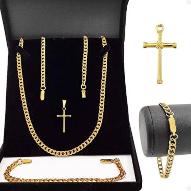 Imagem de Corrente Masculina Grumet Banhada Ouro + Pingente + Pulseira