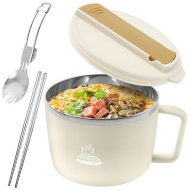Imagem de Tigelas de sopa de ramen de 1,134 g com pauzinhos e garfo para ramen, pho, sopa, macarrão, microondas, forro de aço inoxidável, lavável na lava-louças e portátil, ideal para escritório/casa/cozinha