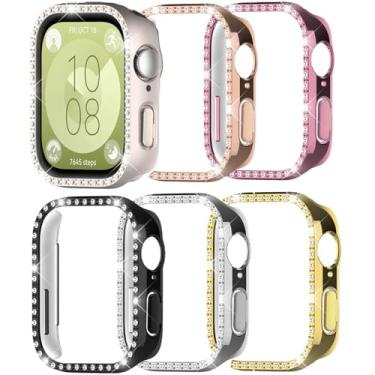 Imagem de DEALELE [Pacote com 6] Capa brilhante compatível com Huawei Watch FIT 3, capa protetora de policarbonato com strass cintilante, capa protetora de reposição para mulheres e homens (preto + prata + ouro