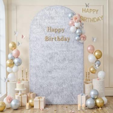 Imagem de Capa de fundo de arco de 2 m, prata, borla metálica brilhante de 2 lados, elastano para suporte redondo Chiara – capa com suporte de arco de balão para casamento, festa de aniversário, chá de bebê