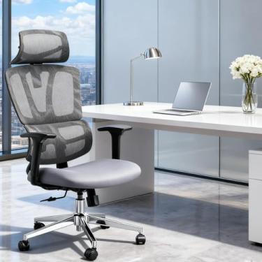 Imagem de Daksan Cadeira de Escritório Presidente Ergonômica Giratória com Encosto Alto em Mesh Respirável, Apoio Lombar Ajustável, Base Reforçada e Rodízios Silenciosos -Preto/Cinza (Cinza)