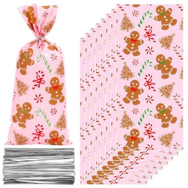 Imagem de Whaline 100 unidades de sacos de presente de celofane de Natal de plástico para doces e doces rosa para homens de gengibre e violoncelo com laços torcidos para lembrancinhas de festa de Natal e