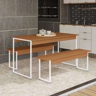 Imagem de Mesa de Jantar com 2 Bancos Li013 136cm Crome Industrial Canela/Branco Brilho