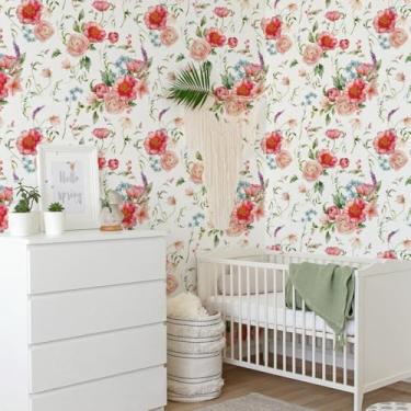 Imagem de ESSMOKO Papel de parede colorido planta flor hidrosol papel de parede sala de estar quarto escritório fundo decorativo adesivo de parede rosa vermelha e branca 45 * 600 cm
