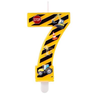 Imagem de Vela de aniversário de construção, velas de feliz aniversário, números de construção, topo de bolo, velas listradas amarelas e pretas para meninos, decoração de festa de aniversário (número 7)