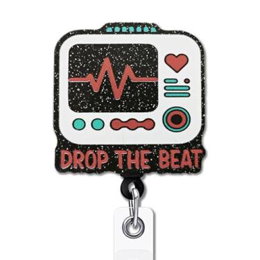 Imagem de YAZMEEN Carretel de crachá engraçado para monitor cardíaco – Drop The Beat – Suporte retrátil para crachá com clipe jacaré – Suporte de cartão de identificação acrílico com glitter preto – Presentes