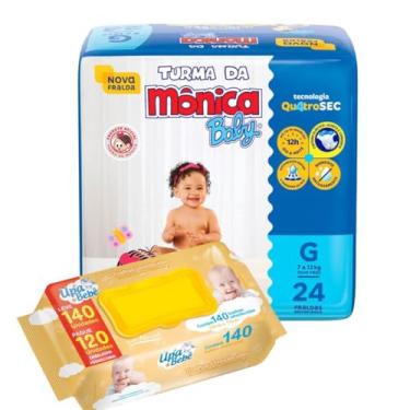 Imagem de Kit 01 Pacote Fraldas Turma da Mônica Jumbo + 140 Lenços Toalhas Umedecidas (GD)