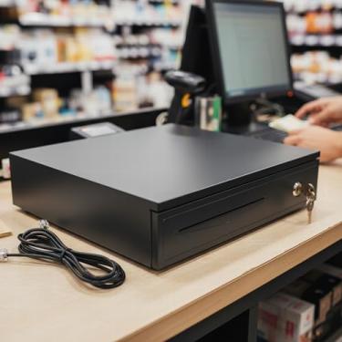 Imagem de Caixa de Dinheiro Gaveta Registradora Preta Noteiro Moedeiro Abertura Automática e Manual com Chave Reforçada