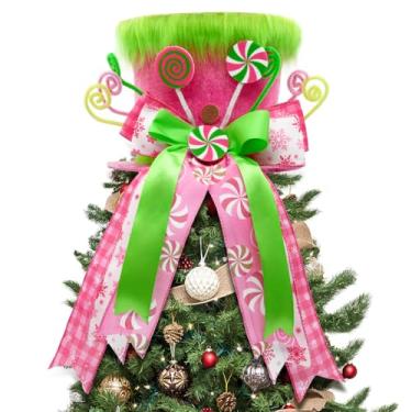 Imagem de CRCZK Chapéu de enfeite de árvore de Natal, lindo chapéu de veludo rosa e verde com pão de gengibre e laço alongado, decoração de árvore de Natal e mesa para decoração de casa de inverno