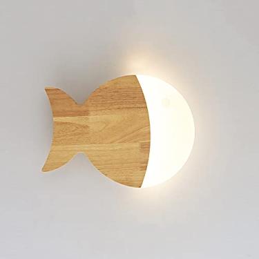 Imagem de Luminária de parede LED de madeira em formato de peixe com abajur de acrílico branco, luminária de cabeceira nórdica para quarto infantil, arandelas de parede de madeira para sala de estar e