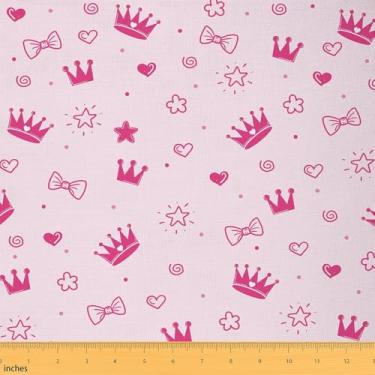 Imagem de jejeloiu Tecido de laço para meninas da The Yard 1 jarda Kids Dreamy Princess Style Crown Upholstery Fabric for Chair Girly Kawaii Star Print Tecido impermeável Heat Love Pattern DIY Tecido de