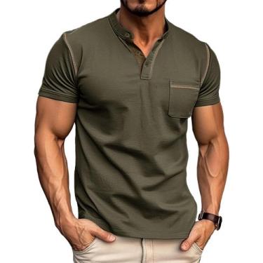 Imagem de Camisa Henley Gleam Ledra masculina de manga curta de algodão verde mi