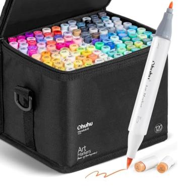 Imagem de B 120 Marcadores Artísticos Álcool Ponta Dupla (Pincel e Fina) Kit Profissional para Desenho, Ilustração e Croqui. Blending Suave e Cores Vibrantes.