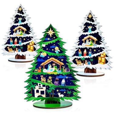 Imagem de Cinrobiye 3 peças de decorações de mesa de presépio de Natal Jesus Cristão Topo de mesa de árvore de Natal de madeira centros de mesa para casa, escritório, cornija, lareira e decoração de mesa de