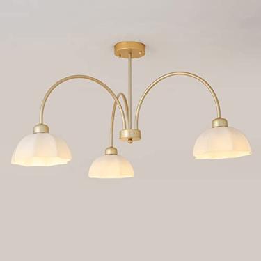 Imagem de YQSLQZZ Lustre de sala de jantar escandinavo de designer, arco de ferragens braço longo sala de estar quarto luz de teto com sombra de vidro branco luminária decorativa interna, design minimalista