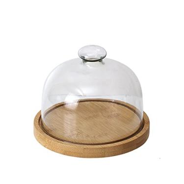 Imagem de Suporte de bolo bandeja de bolo de aniversário, suporte de exibição de madeira giratório com tampa, tampa de bolo transparente, tampa de vidro, bandeja de sobremesa (sem rotação S)