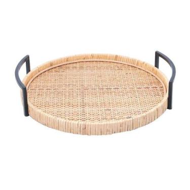 Imagem de Bandeja Redonda de Fibra Natural com Alça Bali 32x30x6,5cm 29599 - Wol