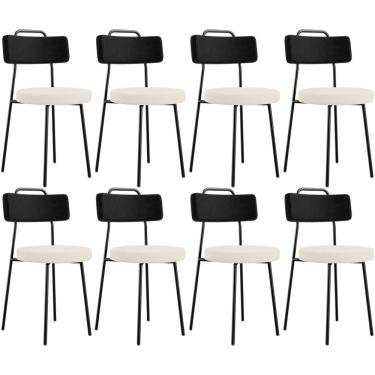 Imagem de Kit 08 Cadeiras Decorativa Estofada Sala Jantar Barcelona L02 Couríssimo Preto Linho Cru - Lyam