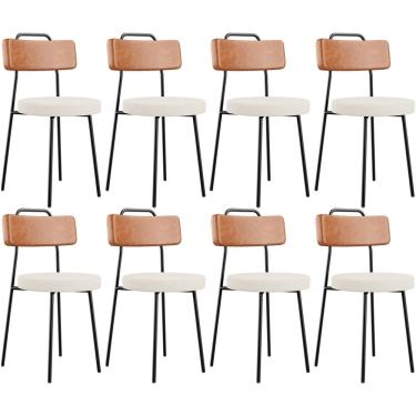 Imagem de Kit 08 Cadeiras Decorativas Estofada Sala De Jantar Barcelona L02 Couríssimo Camel Linho Cru - Lyam