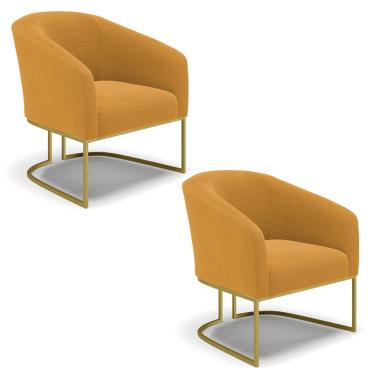 Imagem de Poltrona Decorativa Industrial Dourado kit 2 Stella Bouclê Mostarda D03 - D'Rossi