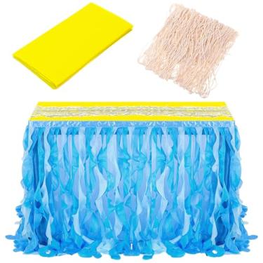 Imagem de Newwiee 3 Pcs Nautical Themed Party Decoration 6ft Tulle Ruffle Curly Table Skirt Fishnet Plastic Tablecloth Ocean Themed Party Table Decoration for Mermaid Baby Shower Birthday Decor (Yellow)