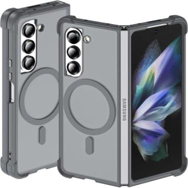 Imagem de Hensinple Capa magnética para Samsung Galaxy Z Fold 5, Z Fold5 [compatível com MagSafe] [Slim Fit], capa magnética translúcida fosca traseira à prova de choque para Z Fold 5, cinza