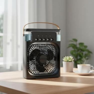 Imagem de Ventilador Umidificador 4 em 1 Portátil, Climatizador com LED 7 Cores, 3 Velocidades, Refrigeração por Água e Gelo, Tanque de 180ML, Aromatizador Pulverizador Spray de Água (Preto)