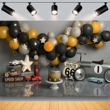 Imagem de Balão dourado preto estrelas 1º aniversário fotografia fundo para meninos meninos rota 66 um ano primeiro bolo esmagar festa de aniversário banner carro corrida foto pano de fundo menino aniversário,