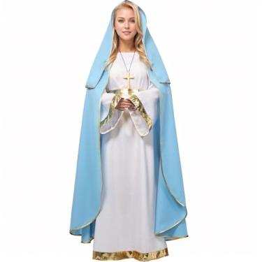 Imagem de UniqKaliber Fantasia feminina Halo Virgem Maria, fantasia bíblica azul para adultos e presépio