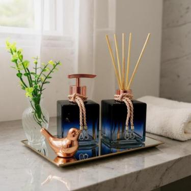 Imagem de Kit Lavabo Luxo Banheiro Com Bandeja Espelhada Difusor e Saboneteira C