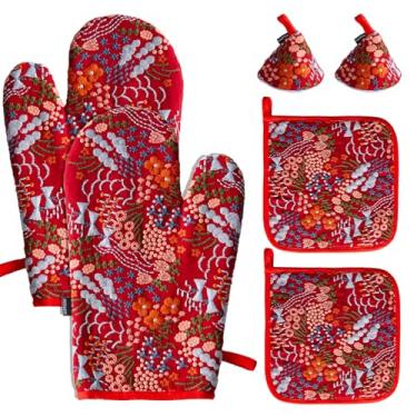 Imagem de Hausfrau Conjuntos de luvas de forno jacquard bordadas e suportes de panela com capa de cabo de ferro fundido, 6 peças, luvas de cozinha florais vintage resistentes ao calor, luvas de forno para assar