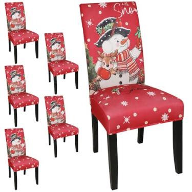 Imagem de JQinHome Conjunto de 6 capas de cadeira de Natal, capa protetora de assento lavável removível de alta elasticidade para decoração de Natal - decoração temática de Natal com floco de neve (carmesim