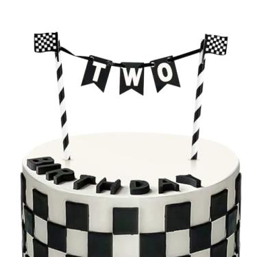 Imagem de 2nd Race Car Cake Topper, Black and White Checkered Race Flag Cake Topper Banner Fast Two Birthday Cake Decorations for Racing Hotwheels Car Theme Party Supplies