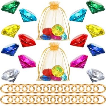 Imagem de Chalyna Conjunto de 60 peças de anel redondo de liga de ouro de liga de diamante acrílico lembrancinha de festa de Halloween pirata caça ao tesouro decoração de bolo com bolsa de presente para