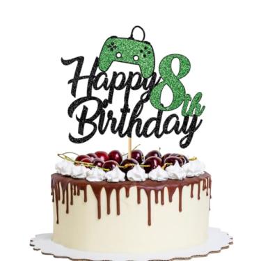 Imagem de YQLXDHBD 1 peça de topo de bolo de feliz aniversário de 8 anos com glitter, jogo de picareta de bolo em controladores, decoração de bolo de oitavo a 8 anos, para meninos e meninas, decoração de festa