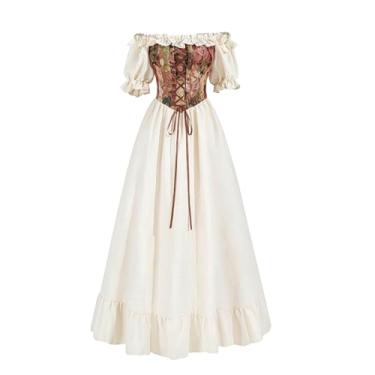 Imagem de Nuoqi Vestido espartilho renascentista para mulheres, fantasia medieval, vestido de corpete, ombro de fora, vestido cottagecore, Branco, G