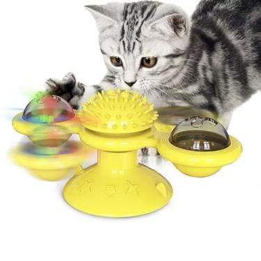 Imagem de Brinquedos interativos para gatos, brinquedos de moinho de vento para gatos, roda giratória luminosa para arranhar, limpar e mastigar os dentes (amarelo com luz)