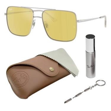 Imagem de Ray-Ban RB3758 ARI BIO BASED Óculos de sol quadrados para homens e mulheres com kit oficial RAYBAN Eyewear, Armação prateada polida | Lente dourada espelhada amarela, 56 mm
