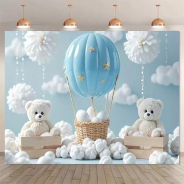 Imagem de Balão de ar quente, nuvem, urso, viagem, bebê, azul, branco, aniversário, fundo, desenho animado, adereços de estúdio fotográfico, decoração de festa de aniversário para chá de bebê, crianças (A, 2,1
