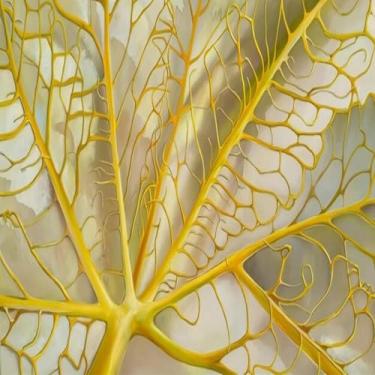 Imagem de Quadro Decorativo Abstrato de Folhas com Veias em Tons de Amarelo para Sala e Quarto 40x40cm