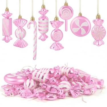 Imagem de Leyndo 24 peças de enfeite de pendurar doces de Natal bengala doce menta pirulito decoração enfeite de glitter para decoração de festa de árvore de Natal em casa (rosa)