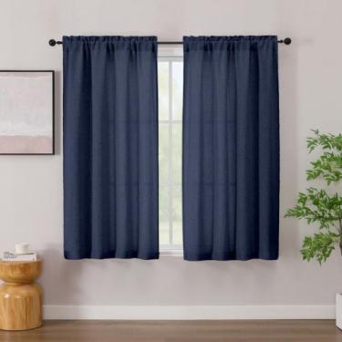 Imagem de Simplebrand Cortinas de linho azul marinho 137 cm de comprimento, 2 painéis, cortinas de privacidade com filtro de luz de linho sintético, cortinas de janela semi pequenas com bolso duplo macio para