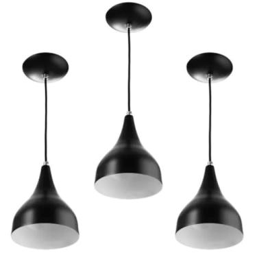 Imagem de Kit 3 Pendentes Gota Alumínio - Luminária Lustre para Balcão Cozinha Americana, Sala Jantar (Cabo Ajustável 1m) Soquete E27 (Preto/Branco)