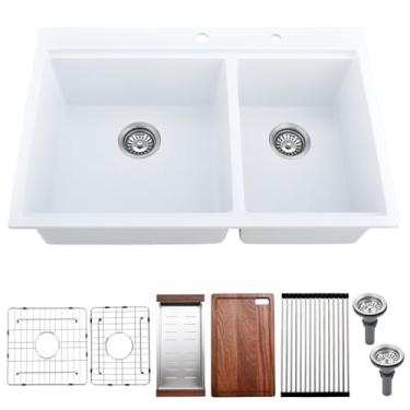Imagem de Kitead Pia de cozinha composta de granito branco de 83 x 56 cm, tigela dupla, para estação de trabalho de 83 cm, pia composta de tigela dupla em quartzo branco 60/40 com acessórios