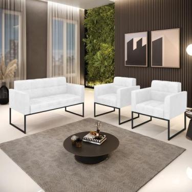 Imagem de Kit 1 Sofá Namoradeira e 2 Poltronas Elisa Corano Branco Base Metálica