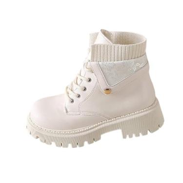 Imagem de Calçado de inverno feminino casual bege com sola grossa com enfeites de corrente de metal e forro peludo de pelúcia confortável salto plano sapatos de neve