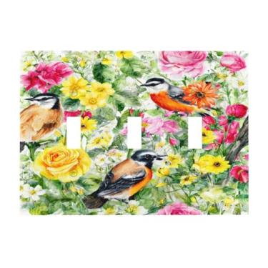 Imagem de Wmhusu Capa para interruptor de luz, flores coloridas em aquarela, retrô, pássaro, floral, placa de parede de 3 grupos, placa de interruptor de luz tripla, capas decorativas de tomada, placa elétrica