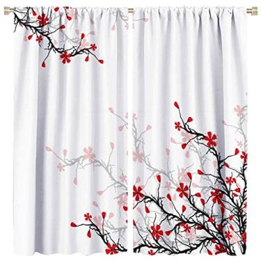 Imagem de Cortina de janela japonesa floral ameixa flor de cerejeira padrão vermelho cortinas de filtragem de luz solar bolso para varão café quarto sala de jantar sala de estar cozinha 2 painéis 106,7 x 114,3