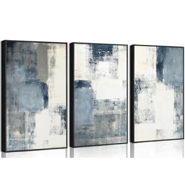 Imagem de 3 peças de arte de parede abstrata azul marinho moderna minimalista azul neutro branco cinza abstrato pintura de parede decoração de parede arte impressa em tela para sala de estar quarto decoração de