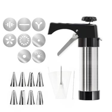 Imagem de Kit Churro Maker, Pistola de prensa de biscoito de aço inoxidável com 8 discos e 8 pontas de tubulação, inclui saco de confeitar e pincel para churros e doces caseiros